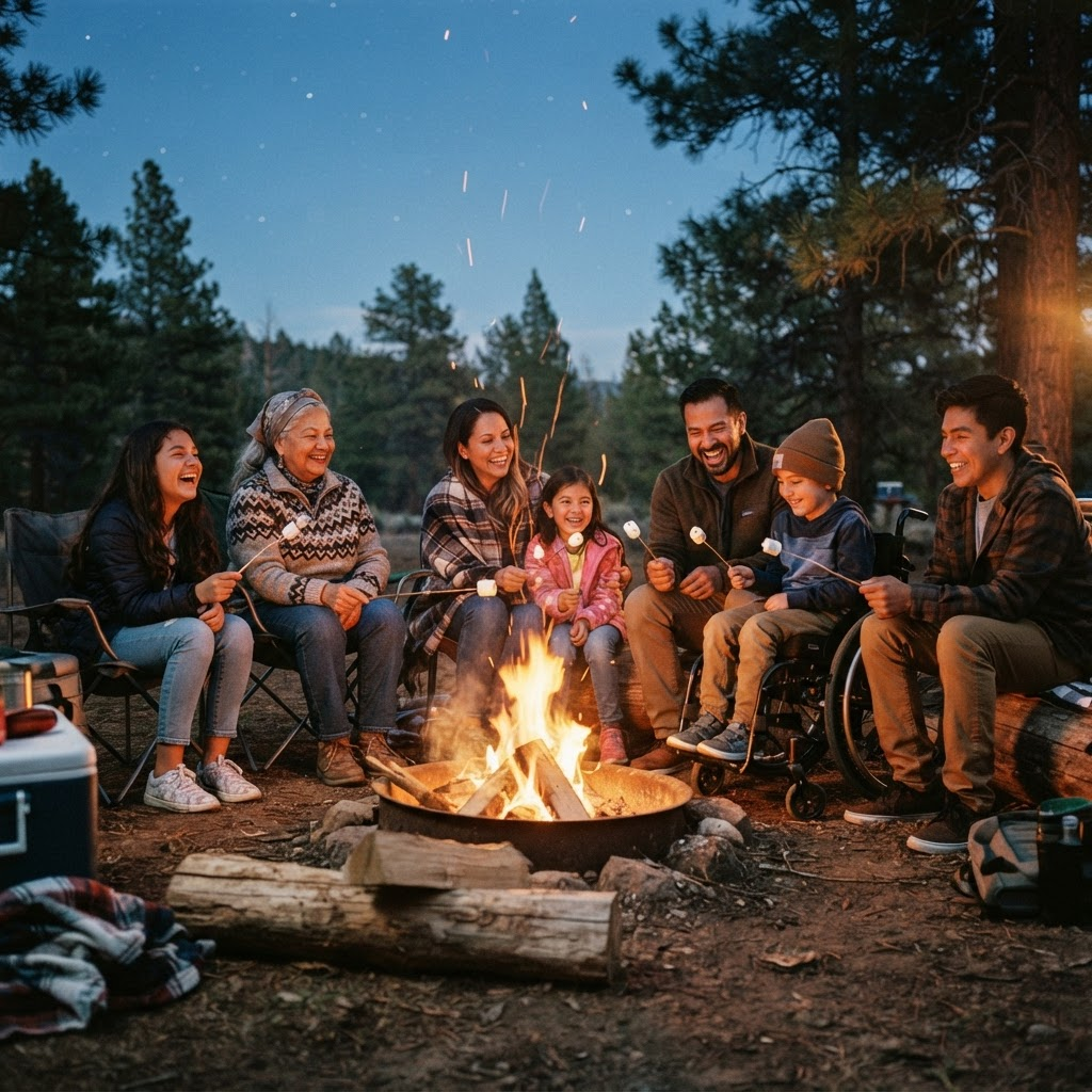 A multigenerational Latino family around a campfire at dusk, including a child using a wheelchair