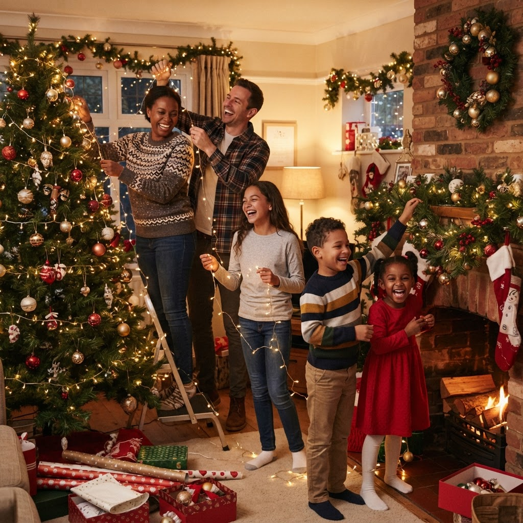 A mixed-race blended family decorating their home for the holidays together