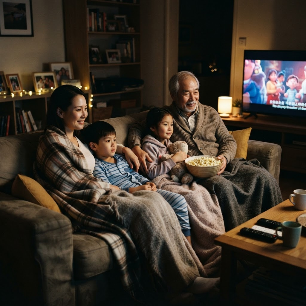 An Asian family with their grandfather at movie night under blankets with popcorn