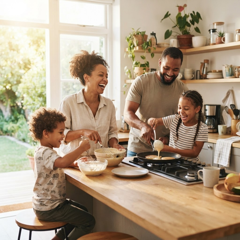 A Black family enjoying a relaxed morning together making breakfast in a sunlit kitchen